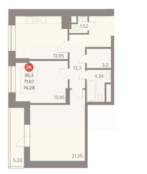 2-к квартира, вторичка, 74м2, 8/22 этаж