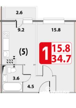 1-к квартира, вторичка, 35м2, 4/5 этаж