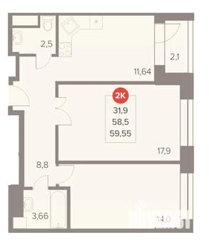2-к квартира, вторичка, 60м2, 22/22 этаж