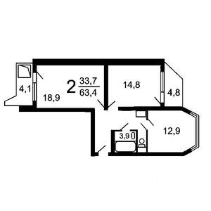 2-к квартира, вторичка, 64м2, 8/25 этаж