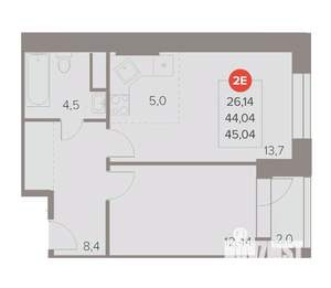 2-к квартира, строящийся дом, 45м2, 16/22 этаж