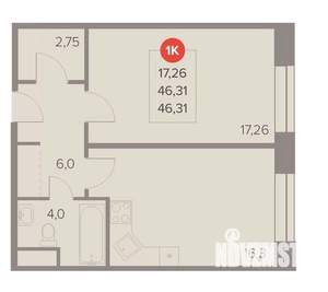 1-к квартира, вторичка, 46м2, 17/22 этаж