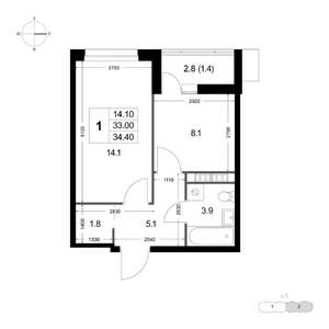 1-к квартира, строящийся дом, 34м2, 2/8 этаж