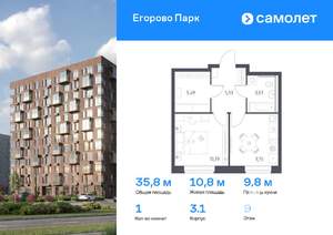 1-к квартира, вторичка, 36м2, 9/12 этаж