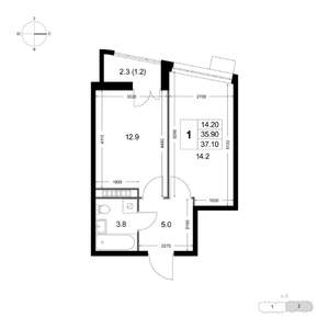 1-к квартира, строящийся дом, 37м2, 7/8 этаж